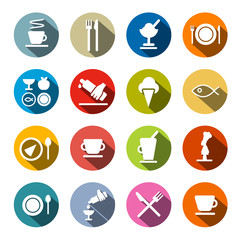 Colorful Circle Flat Design Vector Restaurant - Food Icons Set
