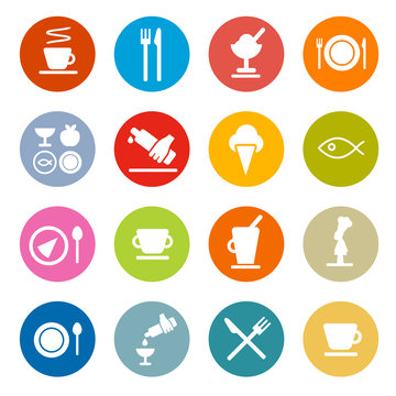 Colorful Circle Flat Design Vector Restaurant - Food Icons Set