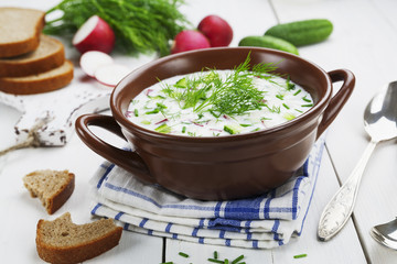 Cold summer soup with yogurt and vegetables