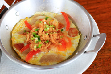Breakfast with fried eggs pan