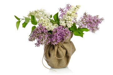 A bouquet of lilac in a vase isolated on white background