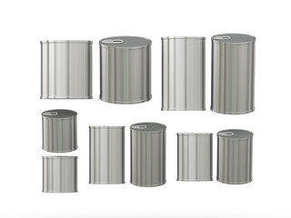 Set of aluminum  tin cans in various sizes, clipping path includ