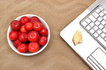 Laptop, plums and shell on sand