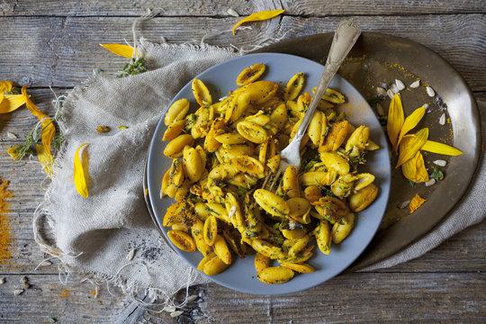 summer flowers pasta with seeds and petals flowers and spices