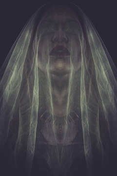 Duality, Attractive woman looking at camera, wearing a white vei