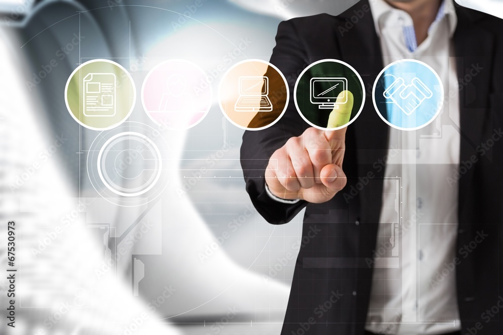 Poster Composite image of businessman standing and pointing at menu