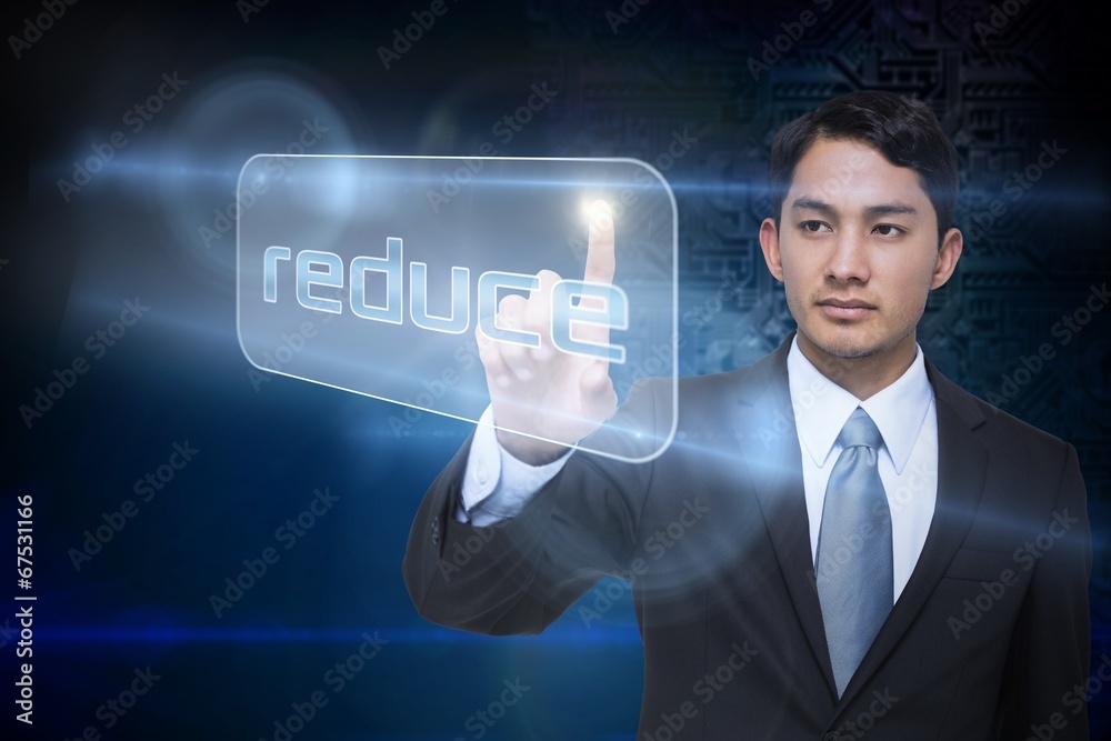 Poster businessman pointing to word reduce