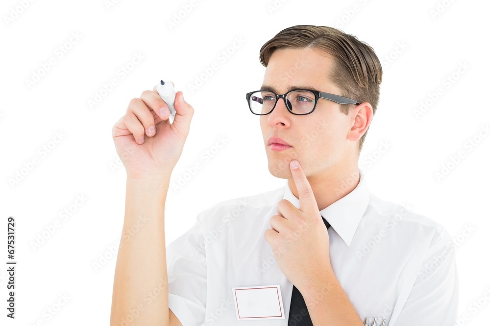Poster geeky businessman writing with marker