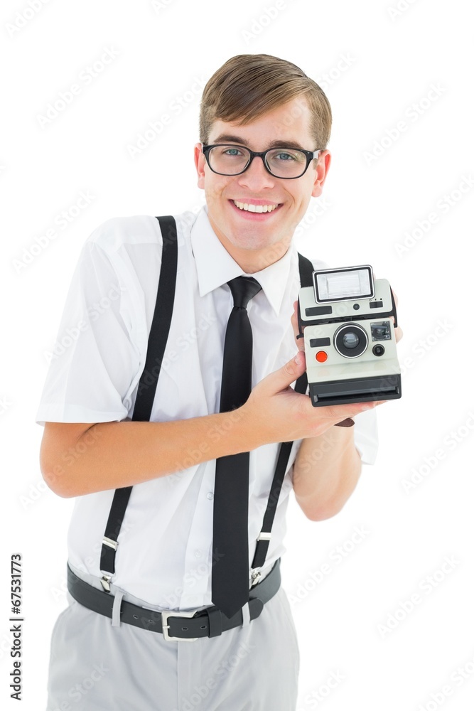 Poster geeky hipster holding a retro camera