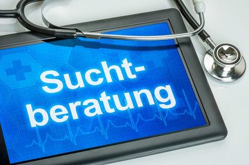 Tablet mit dem Text Suchtberatung auf dem Display