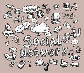 set of social media sign and symbol doodles