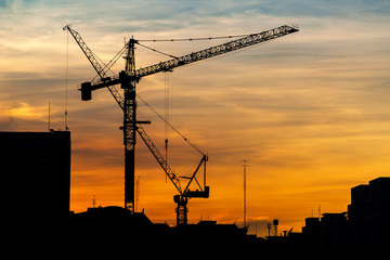 Industrial construction cranes at sunset