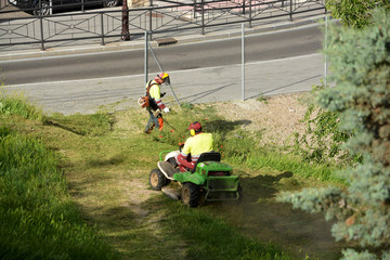 dos jardineros cortando la hierba de un parque