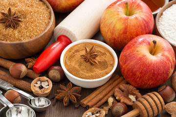 ingredients and spices for apple pie, top view