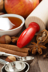 ingredients for baking apple pie, selective focus
