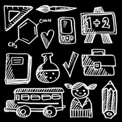 Back to school doodle icons set, chalk vector sketches