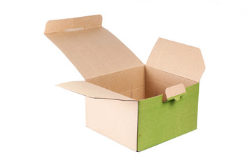 Cardboard box with flip open lid on white isolated
