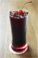 close up cold cherry juice in long glass