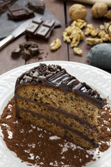 Slice of chocolate walnut and banana cake