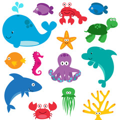 Naklejka premium Vector Set of Cute Sea Creatures