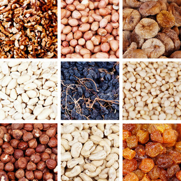 collage Mix of different dried fruits and nuts