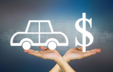 Auto car or vehicle business concept consist of human hand, background, car and dollars icon for...