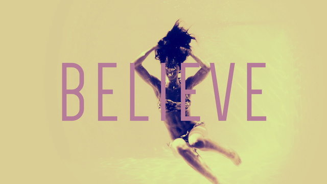 Woman in bikini diving into pool with believe text