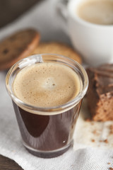 Coffee cup and chocolate cake