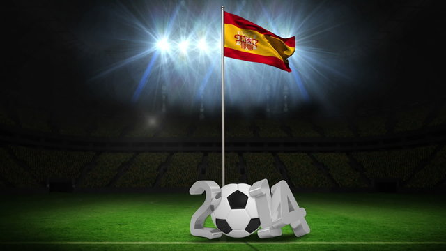 Spain national flag waving on flagpole with 2014 message