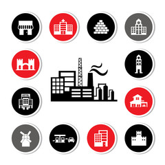 industrial factory and buildings icon set