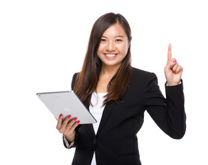Asian business woman with digital tablet and finger up