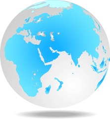 Globe icon  and blue map of the continents of the world