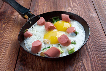 fried eggs with  sausages