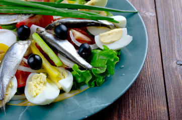 Fototapeta na wymiar Nicoise Salad with anchovies