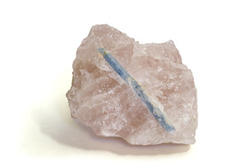 blue Aquamarine crystal on Rose Quartz, Brazil. 8.6cm across.