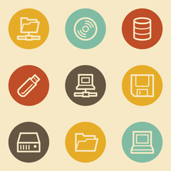Drives and storage web icons, retro circle buttons