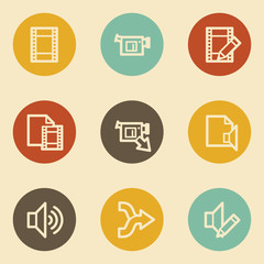 Audio video edit web icons, retro circle buttons