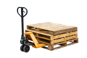 Hand forklift with pallets isolated on white background
