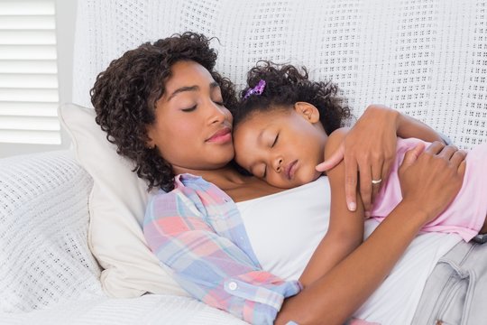 Cute Daughter Sleeping With Mother On The Sofa