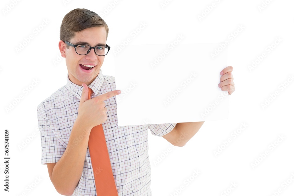 Poster Geeky hipster smiling and showing card