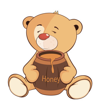 A stuffed toy bear cub and a barrel of honey cartoon