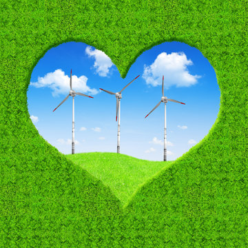 Green heart in the background wind turbines