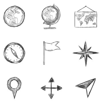 Vector Set of  Sketch Geography and Navigation  Icons