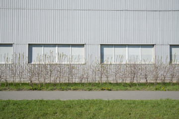Fototapeta na wymiar Grey modern wall siding with the track and grass.