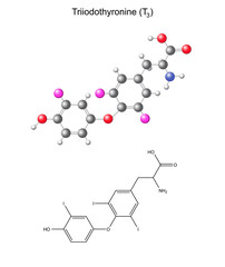SStructural chemical formula and model of triiodothyronine