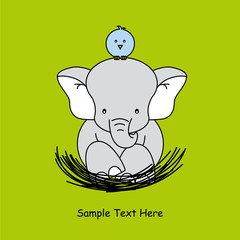 Greeting card. elephant sitting on the nest of a bird