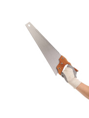 Close up of hand in gloves with saw.