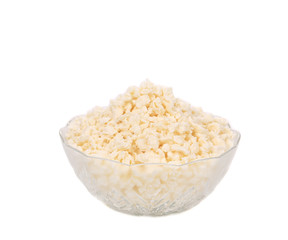 Cottage cheese in glass bowl.