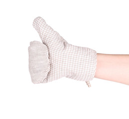 Oven gray glove on hand.