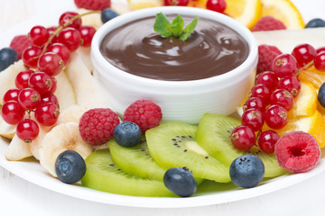 chocolate sauce, fresh fruit and berries, selective focus